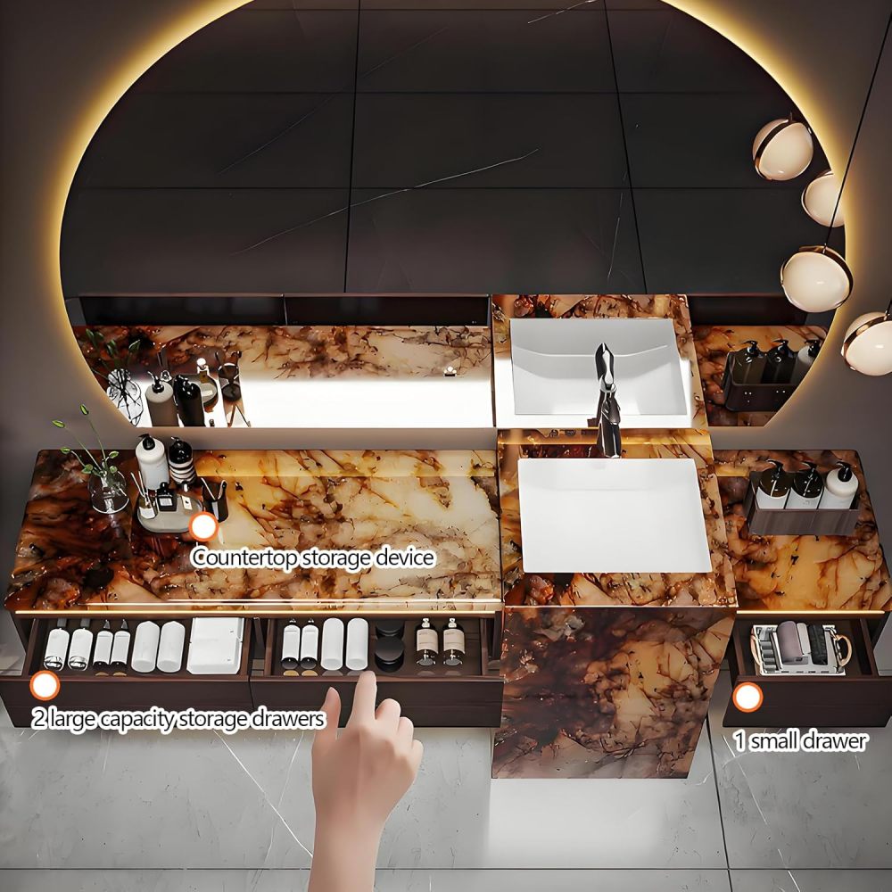 54IN Bathroom Vanity with Sink - Modern Pedestal Sink Cabinet with Drawers, Floor Bathroom Vanity with Smart Defogger Mirror, Motion Sensor Light - Complete Accessories