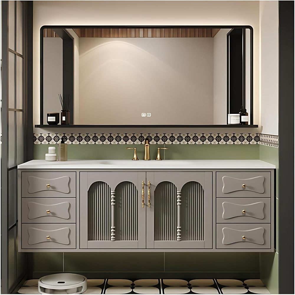 90IN Luxury Bathroom Vanity with Sink - Solid Wood Bathroom Vanity Cabinet, Intelligent Defogging Mirror, Single Sink, Silent Buffer Hinge, Seamless Design, Customizable Size, Mirror B