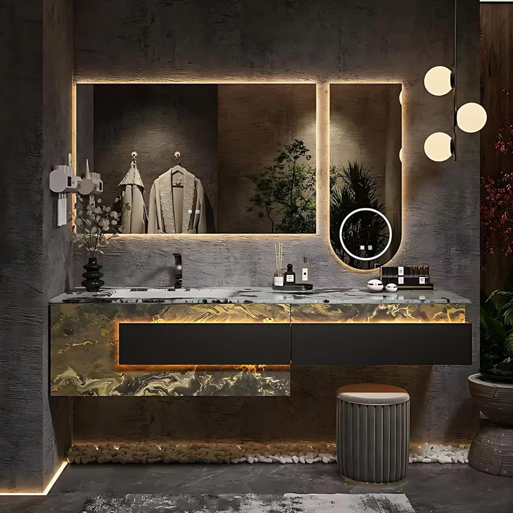 102IN Bathroom Vanity with Sink - Modern Single Bathroom Vanity Cabinet with Makeup Chair, Solid Wood Floating Sink Design, Water Proof, Customizable Size - Complete Accessories, Black