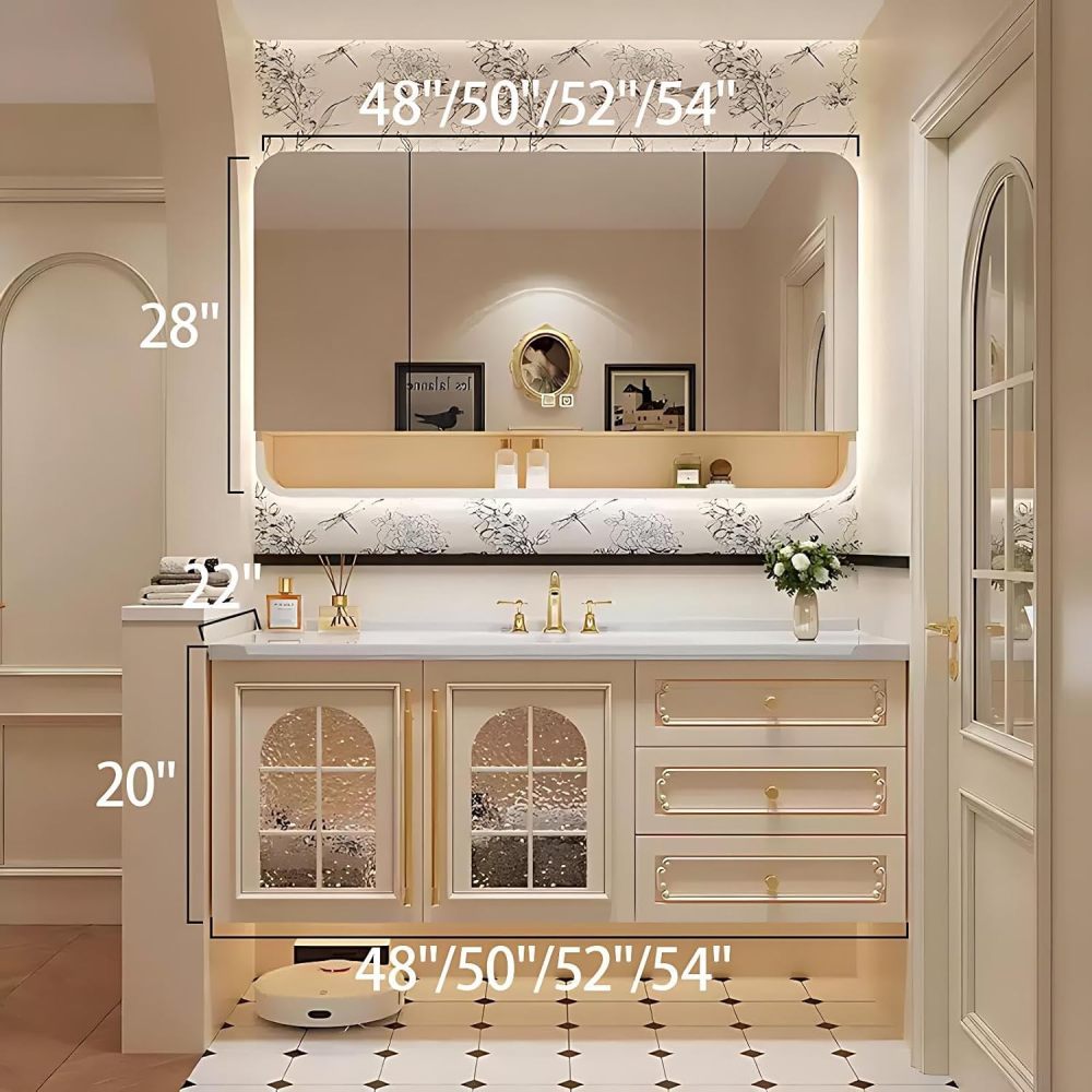 52IN ZGNBSD Bathroom Vanity with Sink - Bathroom Sink Cabinet with Drawers, Wall-Mounted Vanity, Multi-layer Solid Wood, Smart Anti-Fog Mirror, Customizable Size - Complete Accessories, MIRROR CABINET