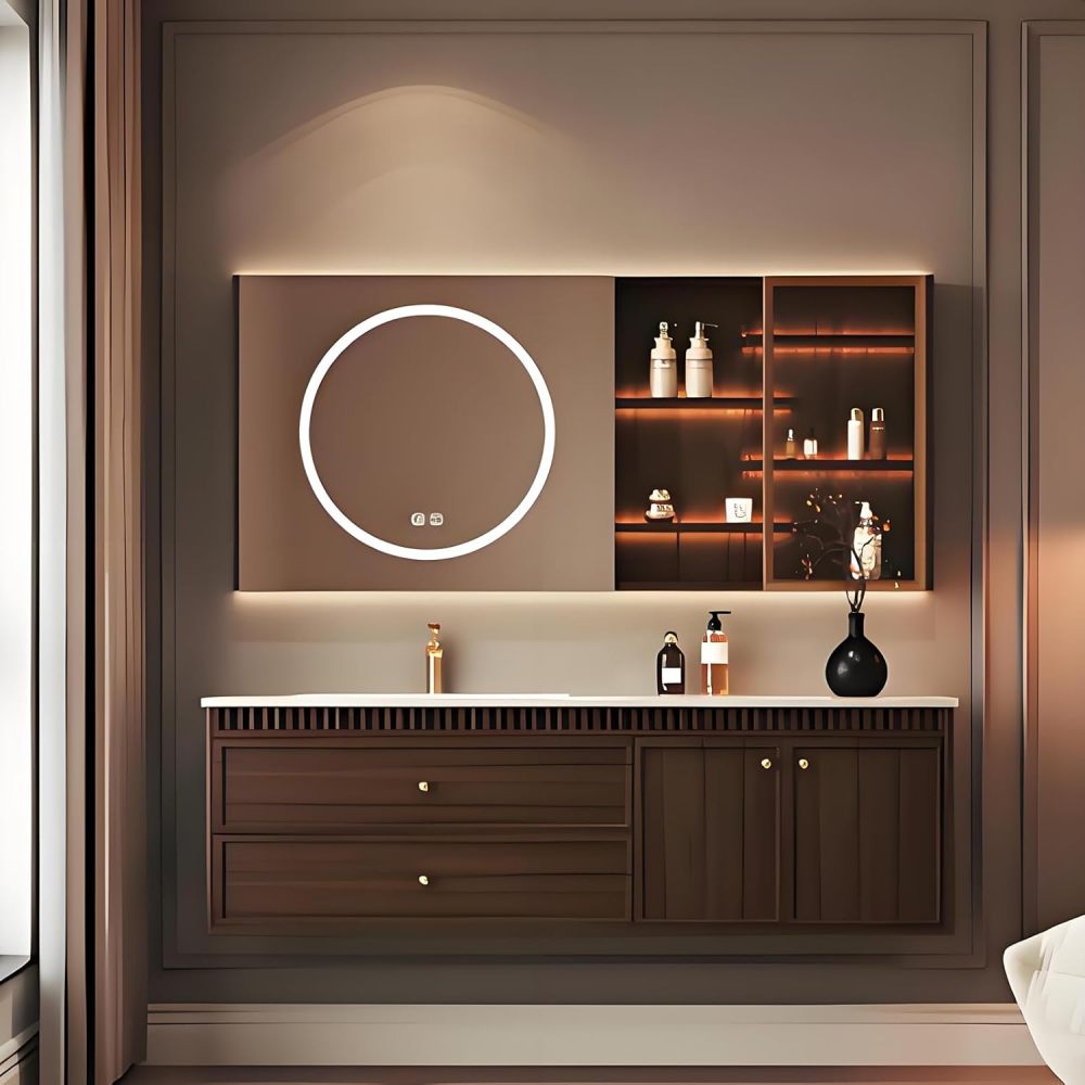 66IN Bathroom Vanity with Sink - Freestanding Single Floating Sink Design, Bathroom Vanity Cabinet with Smart Defog Mirror & Storage Solution,Solid Wood - Easy to Install, Brown