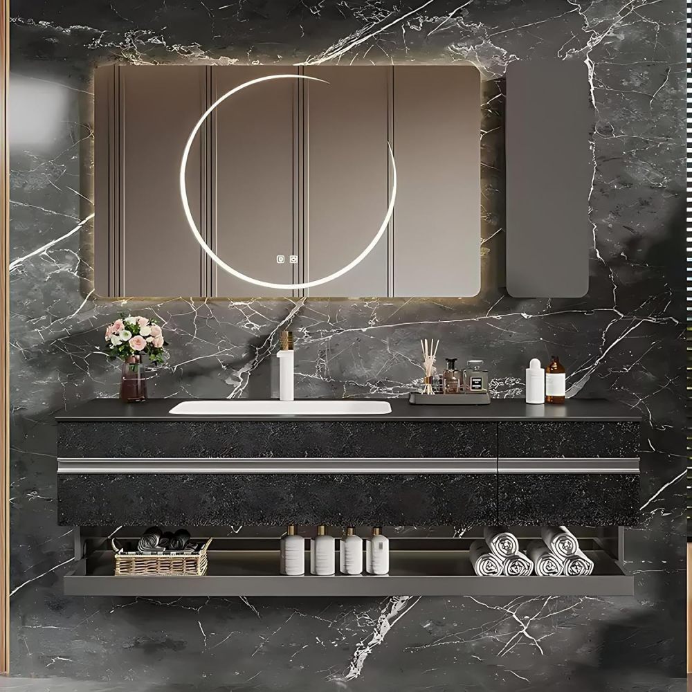 78IN Bathroom Vanity with Sink - Bathroom Sink Cabinet with Storage&Smart Defog Mirror, Floating Vanity, Multi Layer Solid Wood Panel, Custom Sizes - Complete Accessories, Black
