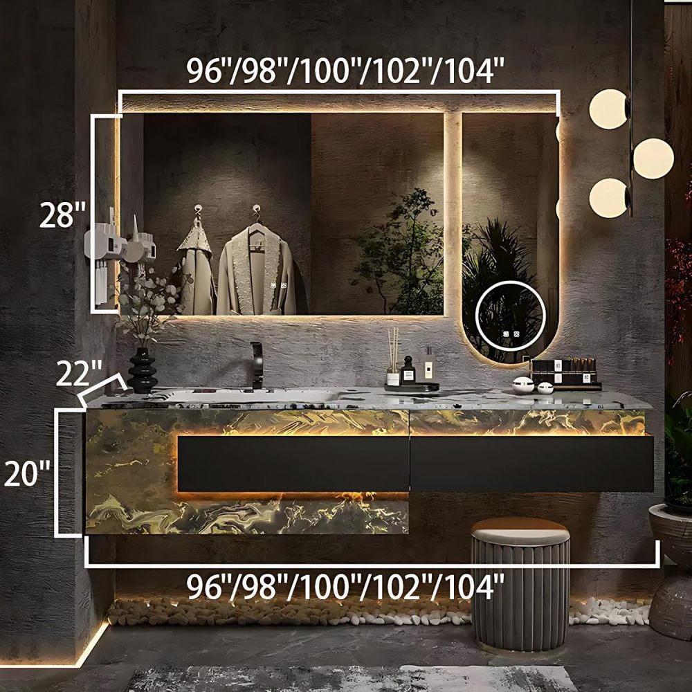 102IN Bathroom Vanity with Sink - Modern Single Bathroom Vanity Cabinet with Makeup Chair, Solid Wood Floating Sink Design, Water Proof, Customizable Size - Complete Accessories, Black