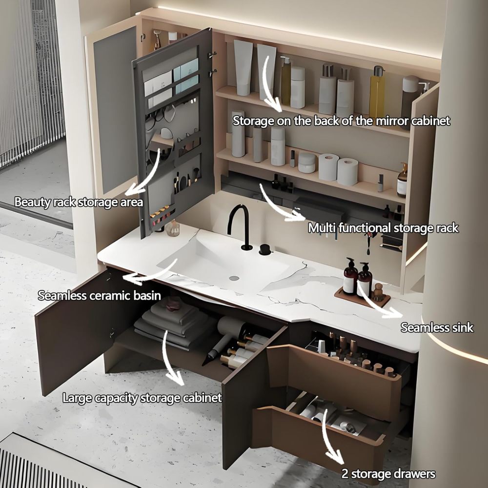 50IN Bathroom Vanity with Sink - Traditional Single Floating Sink Design, Bathroom Vanity Cabinet with Smart Defogger Mirror & Seamless Sink, Ample Storage - Easy Installation, Style A