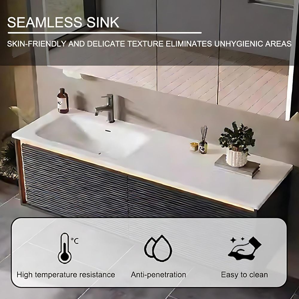 52IN Bathroom Vanity with Sink - Bathroom Vanity with Anti-Fog Mirror Cabinet, One-Touch Defog & Lighting, Floating Sink Cabinet with 2 Drawers, No Assembly Required, Black