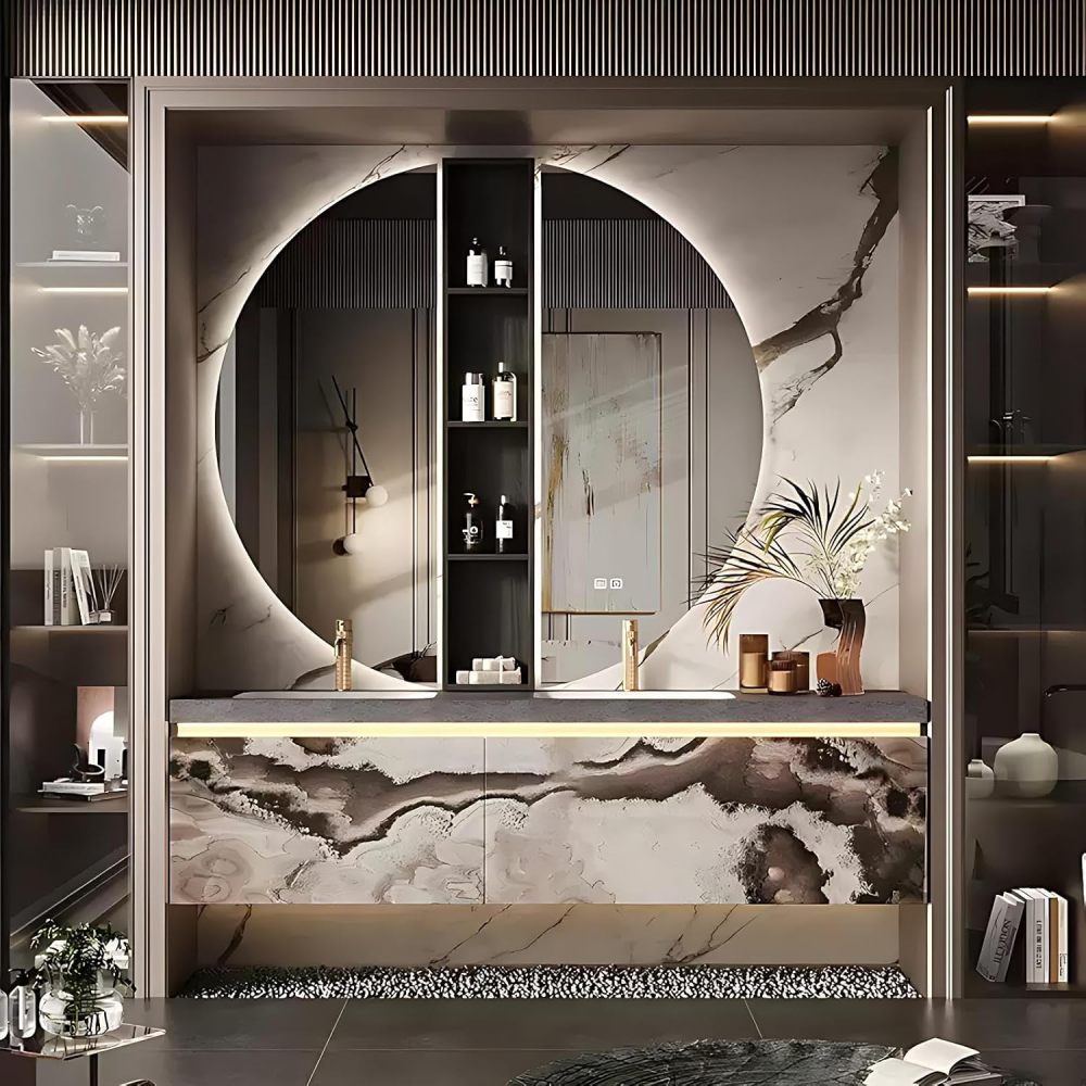 96IN Bathroom Vanity with Sink - Double Floating Sink, Solid Wood Bathroom Vanity Cabinet with Motion Sensor Light&Smart Anti-Fog Mirror, Customizable - Complete Accessories, Style A
