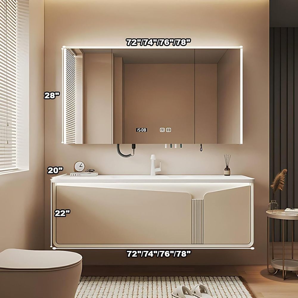 74IN Luxury Bathroom Vanity with Sink - Bathroom Vanity Cabinet, Intelligent Defogging Mirror, Single Seamless Floating Sink Design, Multi-Layer Solid Wood - Customizable Size, Mirror Cabinet B