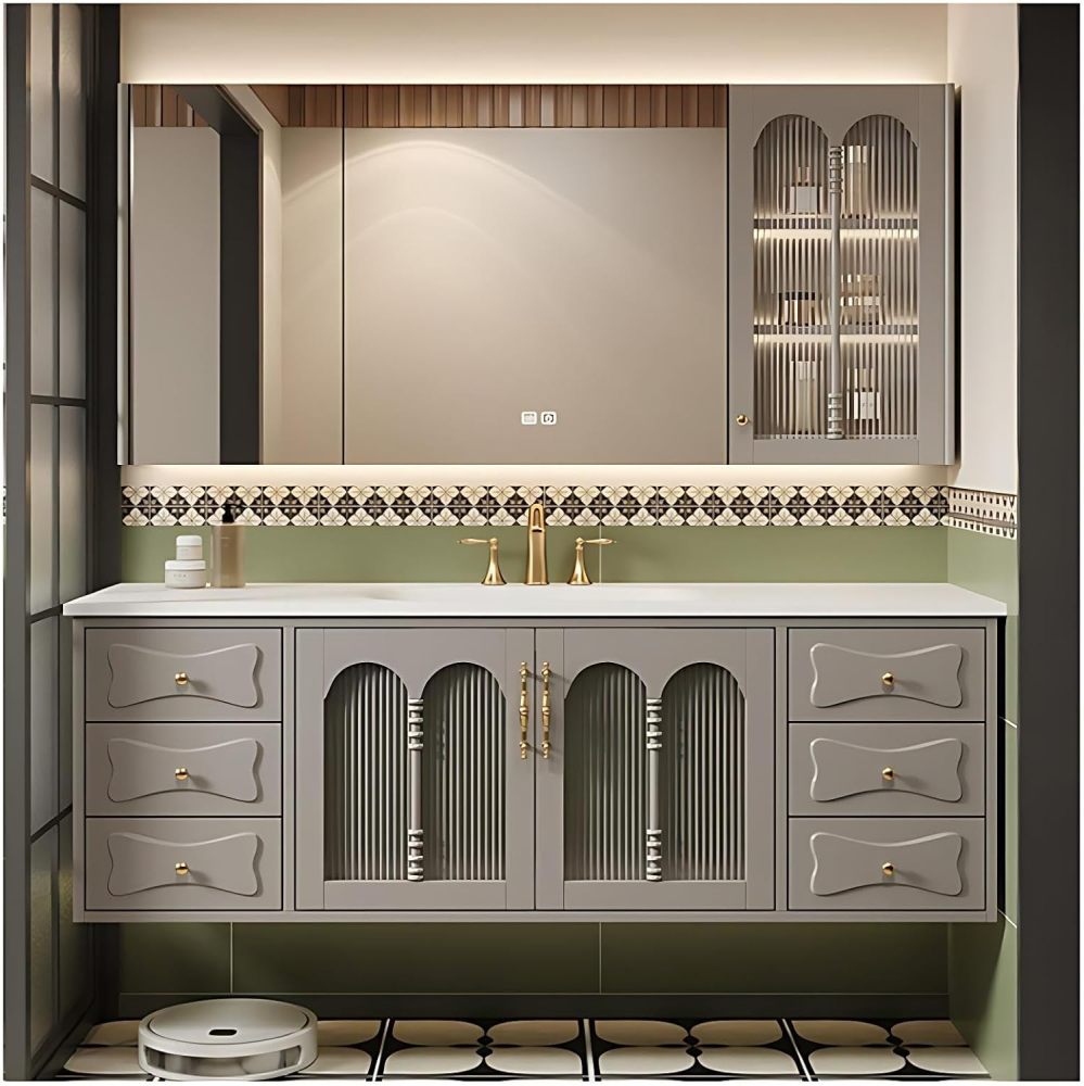 50IN Luxury Bathroom Vanity with Sink - Solid Wood Bathroom Vanity Cabinet, Intelligent Defogging Mirror, Single Sink, Silent Buffer Hinge, Seamless Design, Customizable Size, Mirror Cabinet A