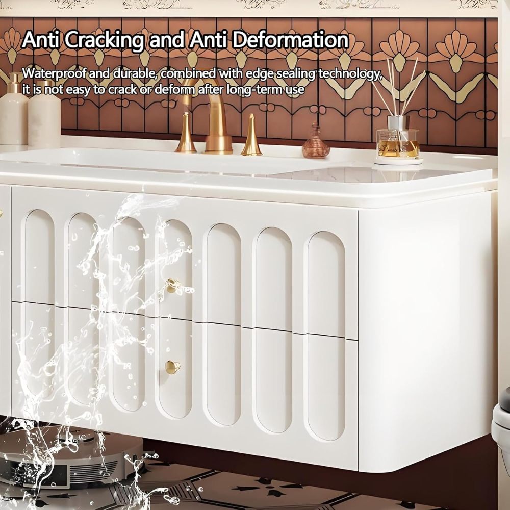 86IN Bathroom Vanity with Sink - Minimalist Single Floating Sink Cabinet, Bathroom Vanity Cabinet with Smart Defogger Mirror & Seamless Sink, Multilayer Solid Wood - Easy to Install, White
