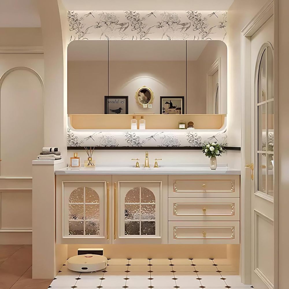 52IN ZGNBSD Bathroom Vanity with Sink - Bathroom Sink Cabinet with Drawers, Wall-Mounted Vanity, Multi-layer Solid Wood, Smart Anti-Fog Mirror, Customizable Size - Complete Accessories, MIRROR CABINET