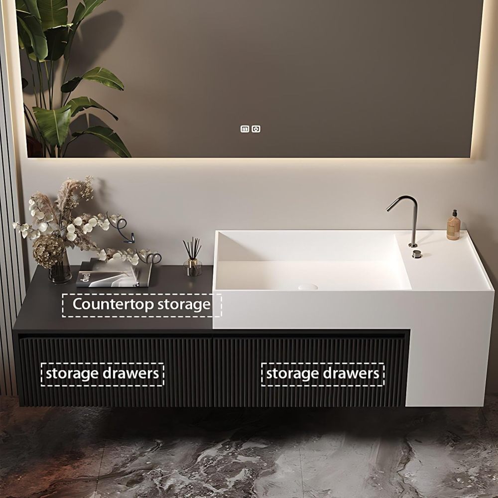 60IN Bathroom Vanity with Sink - Wall-Mounted Bathroom Sink Cabinet with Smart Anti-Fog Mirror, Floating Vanity, Multilayer Solid Wood, Customizable Size - Complete Accessories, Black