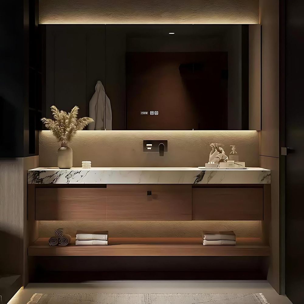 62IN Bathroom Vanity with Sink - Bathroom Vanity Cabinet with Smart Defog Mirror, Single Floating Sink Design, Convenient Storage, Multi-Layer Solid Wood - Complete Accessories, Brown