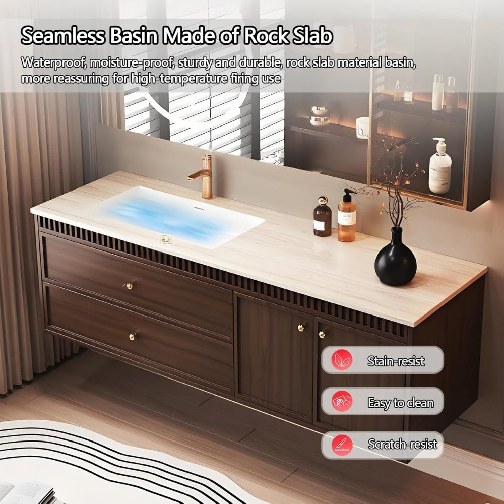 66IN Bathroom Vanity with Sink - Freestanding Single Floating Sink Design, Bathroom Vanity Cabinet with Smart Defog Mirror & Storage Solution,Solid Wood - Easy to Install, Brown
