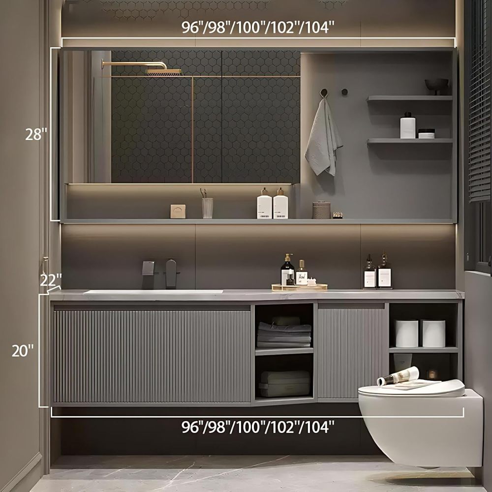 104IN Bathroom Vanity with Sink - Floating Vanity with Motion Sensor Light, Bathroom Sink Cabinet, Intelligent Defogging, Multilayer Solid Wood, Custom Size - Complete Accessories Grey