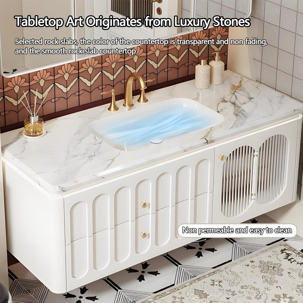 86IN Bathroom Vanity with Sink - Minimalist Single Floating Sink Cabinet, Bathroom Vanity Cabinet with Smart Defogger Mirror & Seamless Sink, Multilayer Solid Wood - Easy to Install, White