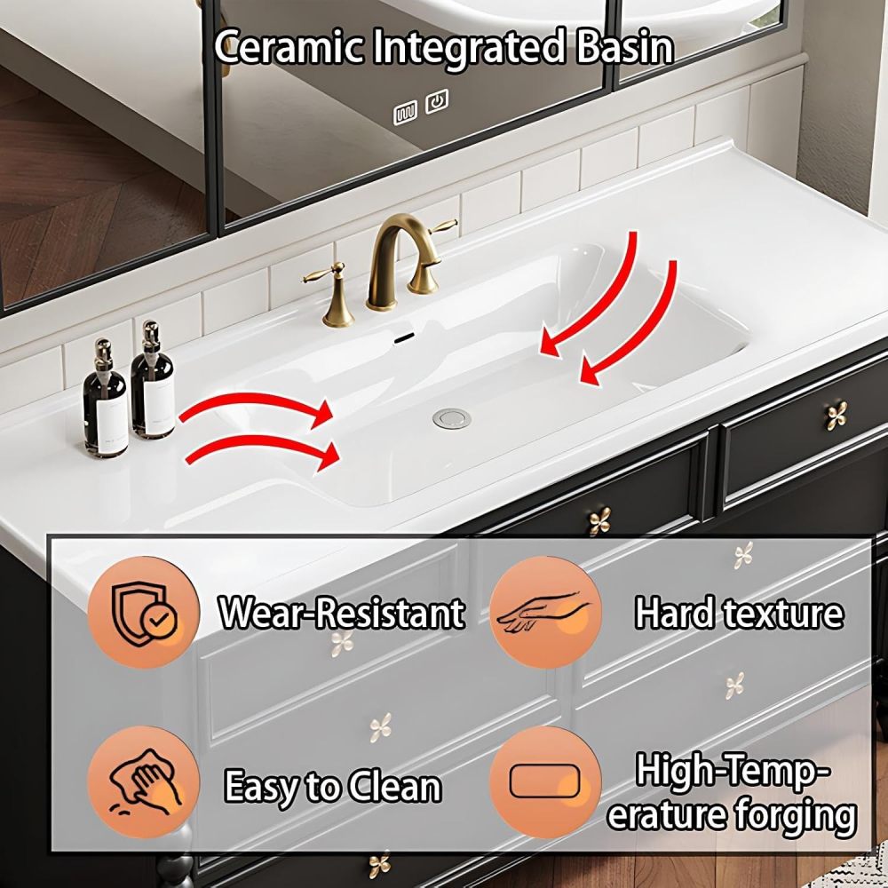 76IN Bathroom Vanity with Sink - Modern Bathroom Vanity Cabinet with Drawers, Single Floating Sink Design, Smart Defog Mirror, Multi-Layer Solid Wood - Complete Accessories, Black