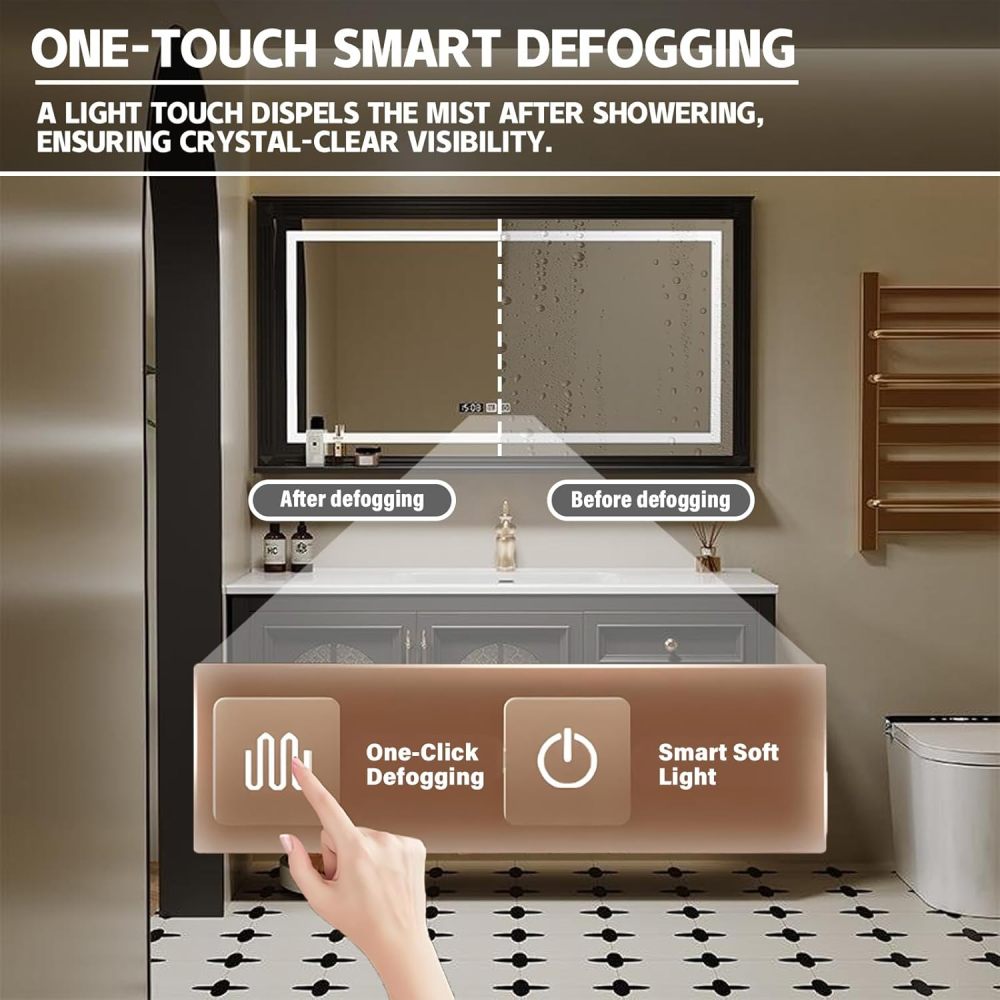 62IN kmnub Modern Solid Wood Bathroom Vanity with Sink - Stylish Bathroom Vanity Cabinet with Smart Anti-Fog Mirror, Spacious Storage & Customizable Sizes for Bathroom Renovation, WHITE MIRROR CABINET