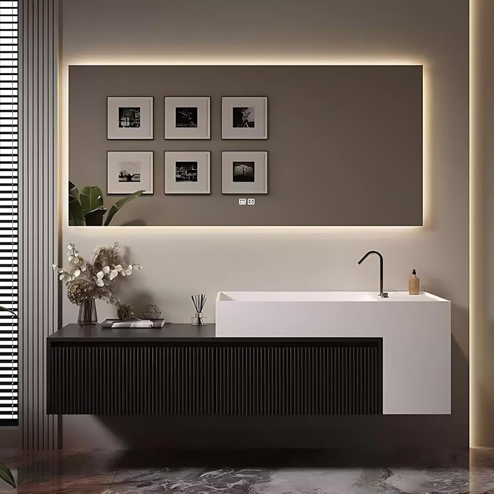 60IN Bathroom Vanity with Sink - Wall-Mounted Bathroom Sink Cabinet with Smart Anti-Fog Mirror, Floating Vanity, Multilayer Solid Wood, Customizable Size - Complete Accessories, Black