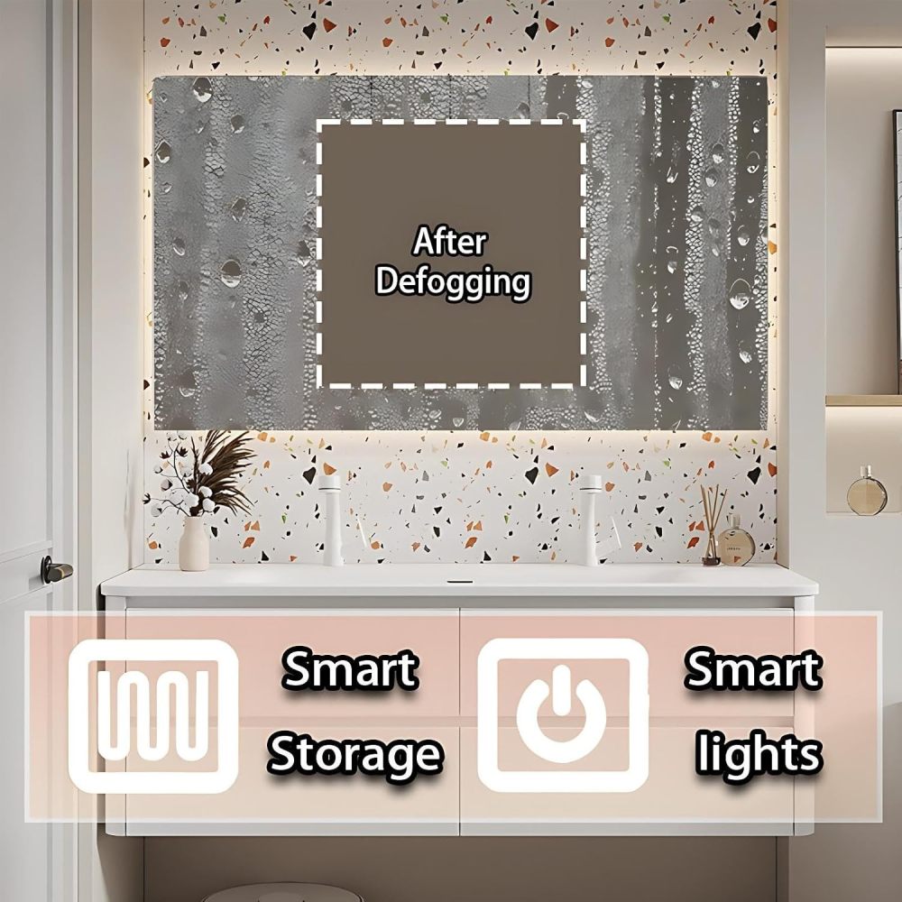 92IN Bathroom Vanity with Sink - Double Floating Sink with Smart Anti-Fog Mirror, Bathroom Vanity Cabinet, Large Storage Space, Customizable Size - Complete Accessories, Mirror Yellow