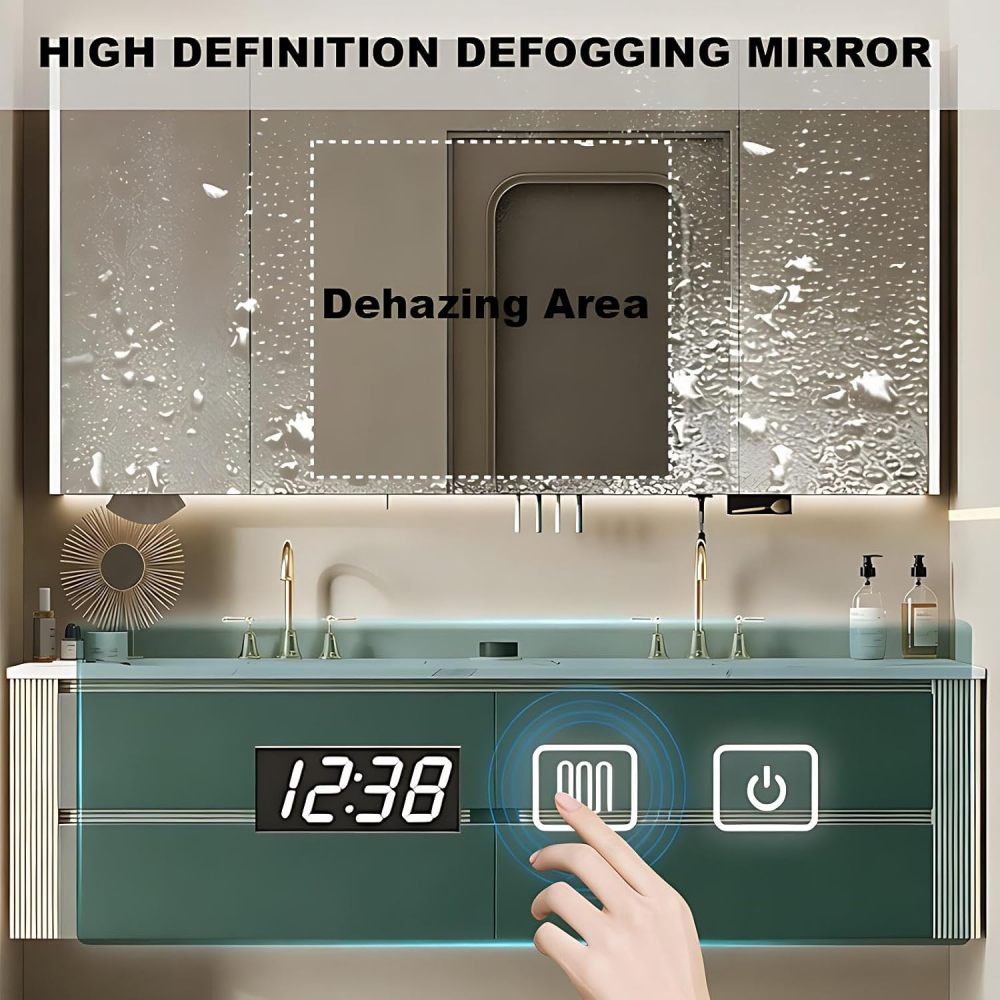 62IN Modern Bathroom Vanity with Sink - Double Floating Sink Design, Wall-Mounted Bathroom Vanity Cabinet with Intelligent Defogging Mirror, Solid Wood - Customizable Size, Mirror Cabinet