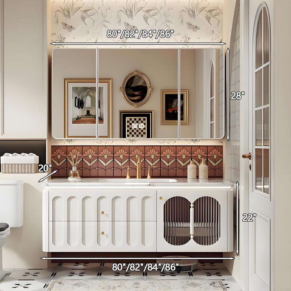 86IN Bathroom Vanity with Sink - Minimalist Single Floating Sink Cabinet, Bathroom Vanity Cabinet with Smart Defogger Mirror & Seamless Sink, Multilayer Solid Wood - Easy to Install, White