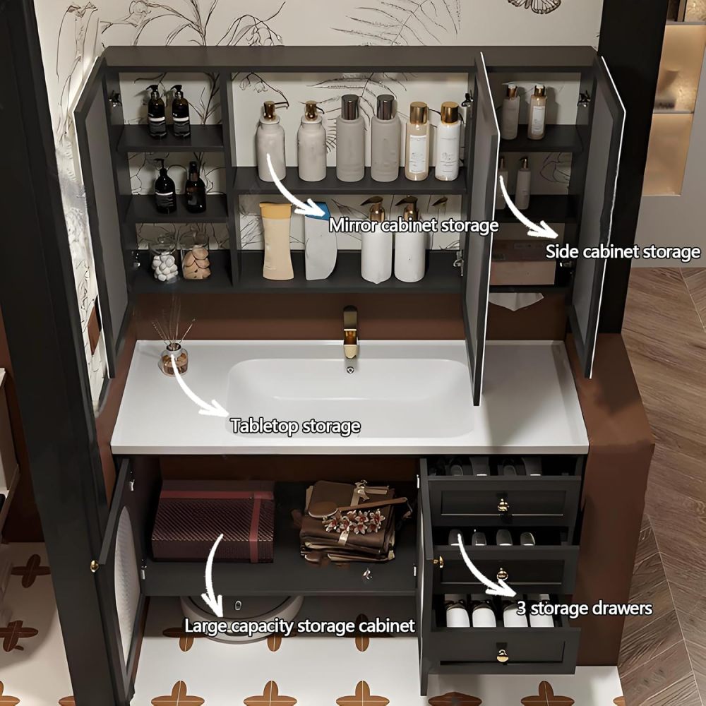 46IN Bathroom Vanity with Sink - Industrial Style Single Floating Sink Cabinet, Bathroom Vanity Cabinet with Smart Defogger Mirror & Seamless Sink, Storage Space - Easy to Install, Style C