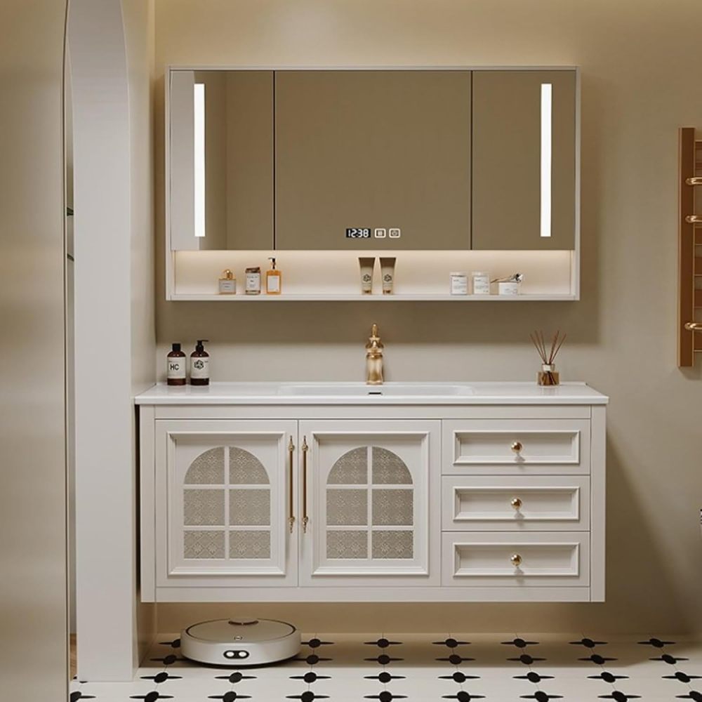62IN kmnub Modern Solid Wood Bathroom Vanity with Sink - Stylish Bathroom Vanity Cabinet with Smart Anti-Fog Mirror, Spacious Storage & Customizable Sizes for Bathroom Renovation, WHITE MIRROR CABINET