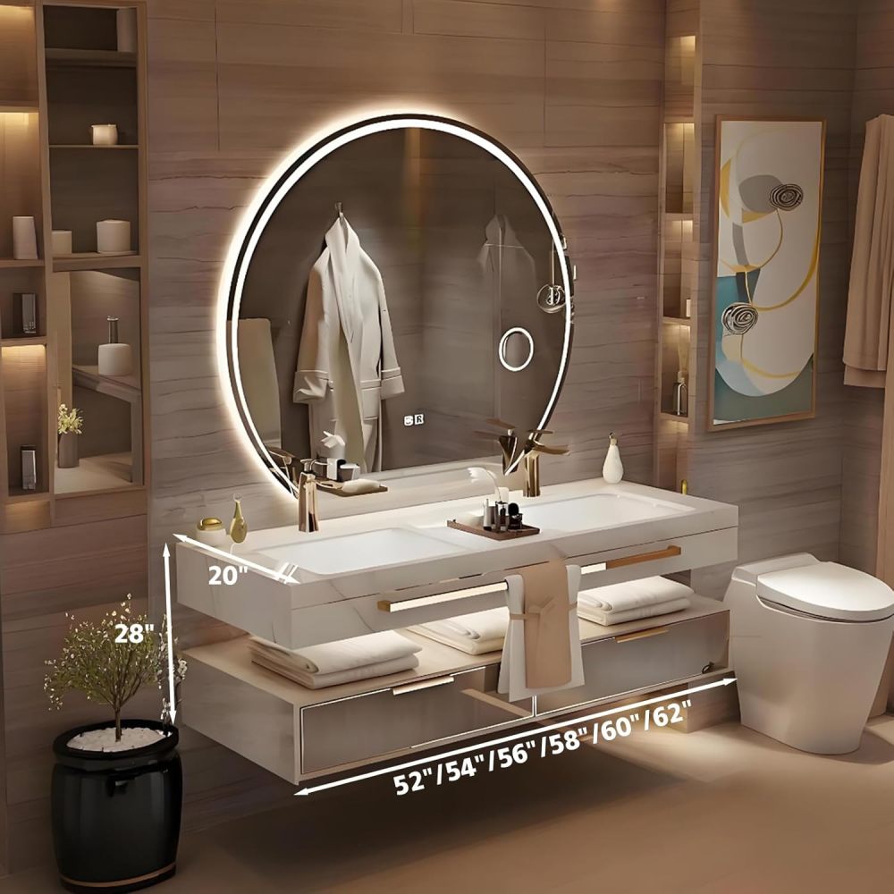 74IN Modern Bathroom Vanity with Sink - Wall-Mounted Floating Vanity Cabinet with Smart Anti-Fog Mirror, Classified Storage Drawers, Stylish Integrated Stone Sink - Easy to Install, Single Sink