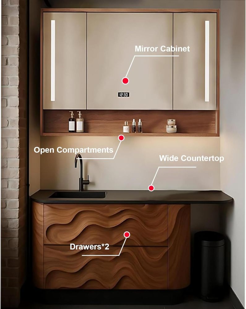 Bathroom Vanity with Sink - Solid Wood Bathroom Vanity with Smart LED Defog Mirror, Floor Mount Sink Cabinet with 2 Drawers (Wood,30IN)