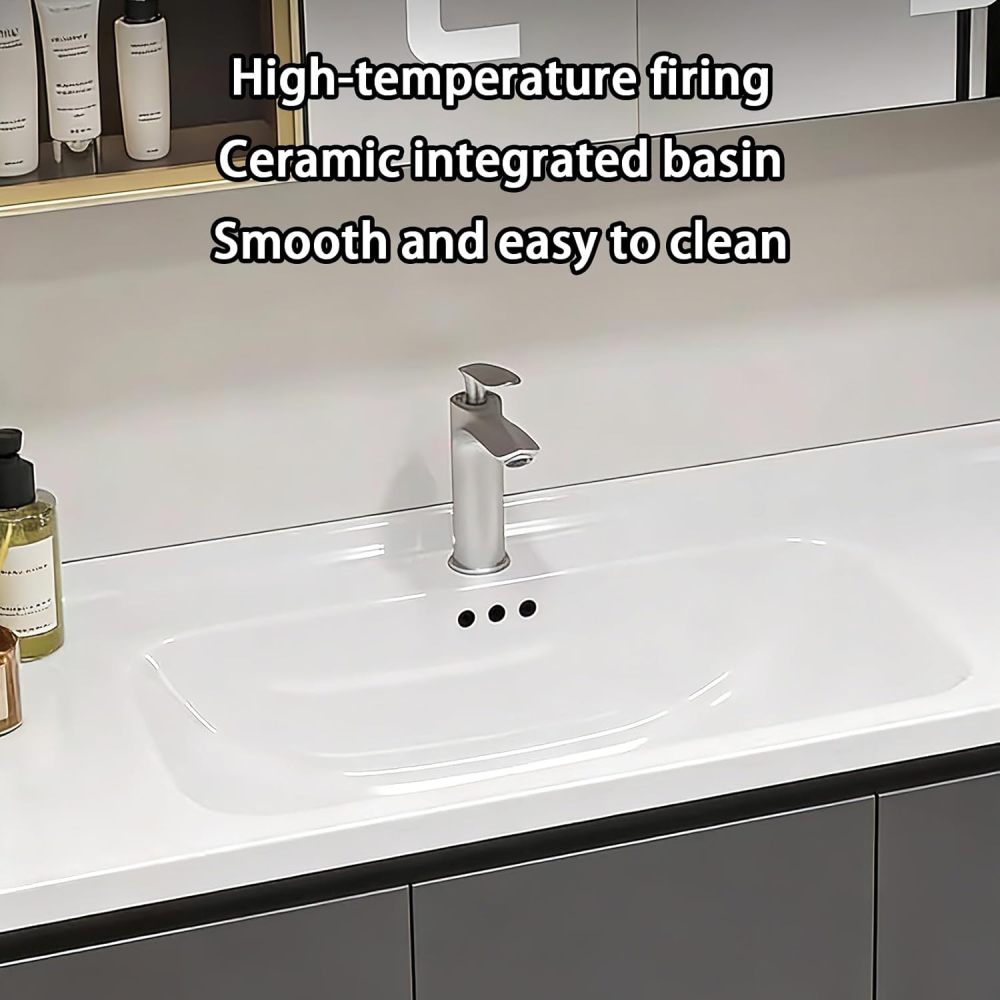 78IN Bathroom Vanity - Floating Bathroom Vanity with Seamless Sink & Multi-Functional Storage Cabinet, Includes Smart Defog Mirror, One-Touch Defog & Lighting, No Assembly Required, Gray