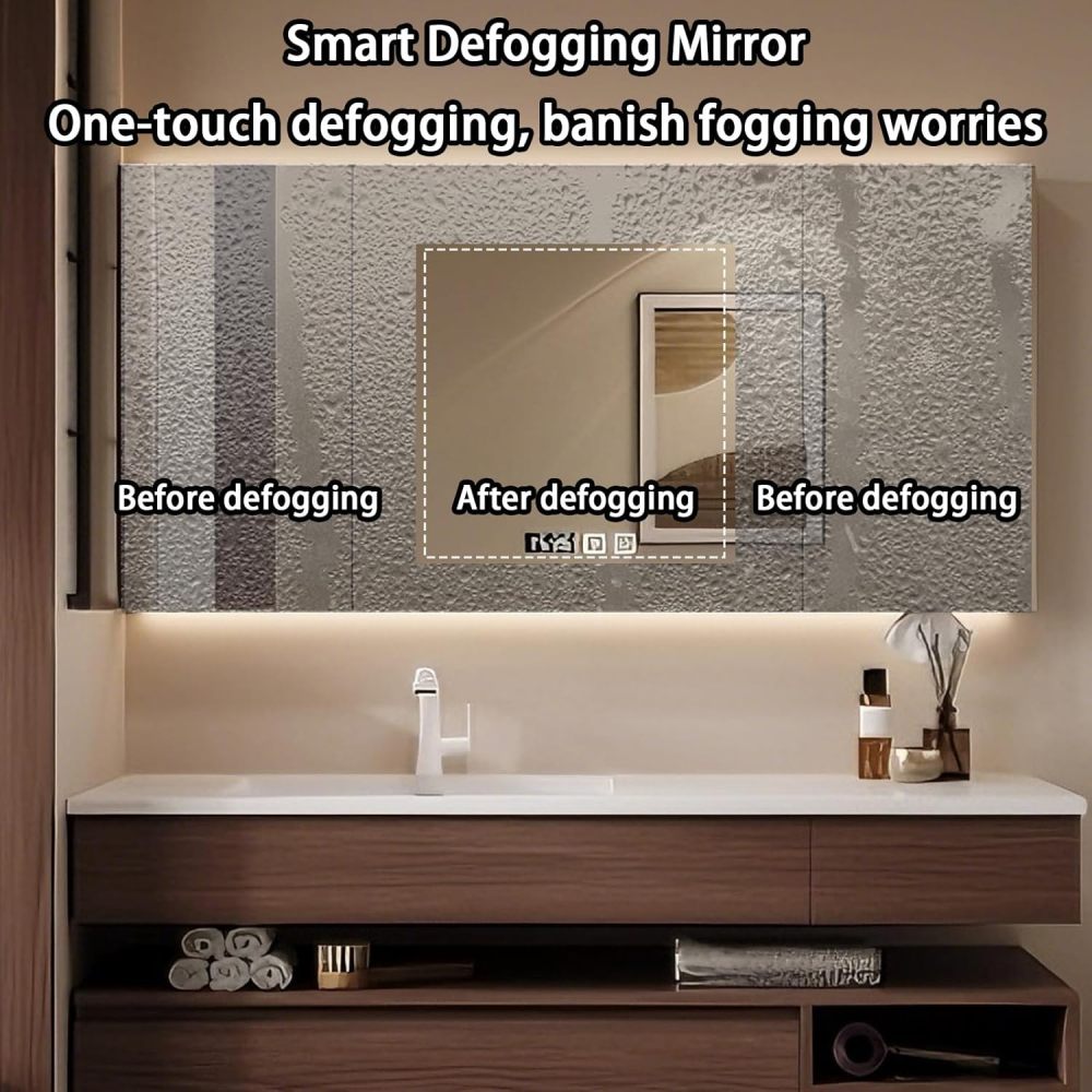 42IN Bathroom Vanity - Modern Bathroom Vanity with Seamless Sink & Multiple Storage Area, Floating Sink Cabinet with Smart Defog Mirror, No Assembly Required, Wood-A