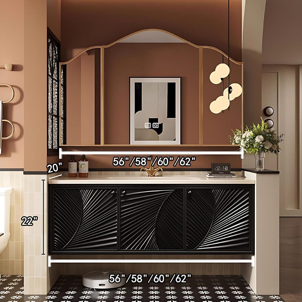 60IN Bathroom Vanity with Sink - Floating Bathroom Vanity with Seamless Sink and Smart Defog Mirror, Solid Wood Bathroom Sink Cabinet with 3 Doors, No Assembly Required, Black