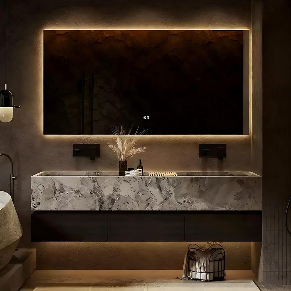 54IN Bathroom Vanity with Sink - Double Bathroom Sink Cabinet with Smart Defog Mirror, Multi-Layer Solid Wood, Waterproof, Customizable Sizes - Complete Accessories, Mirror