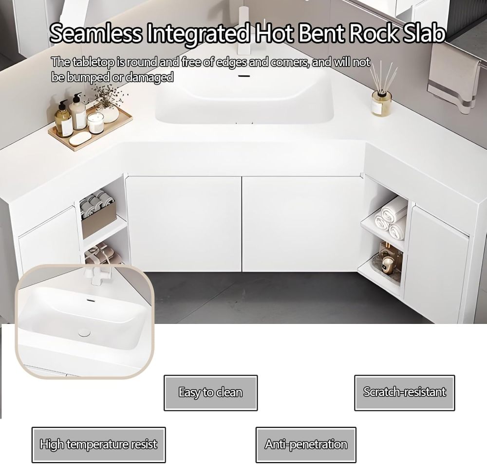 60IN Corner Bathroom Vanity with Sink - Modern Solid Wood Bathroom Vanity Cabinet with Smart Defog Mirror & Storage Mirror Cabinet, Single Floating Sink Design - Complete Accessories