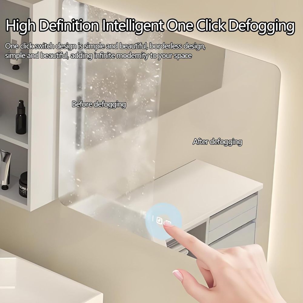 44IN Corner Bathroom Vanity with Sink - Minimalist Bathroom Vanity Cabinet with Smart Defog Mirror & Seamless Integrated Sink, Single Floating Sink - Complete Accessories, White
