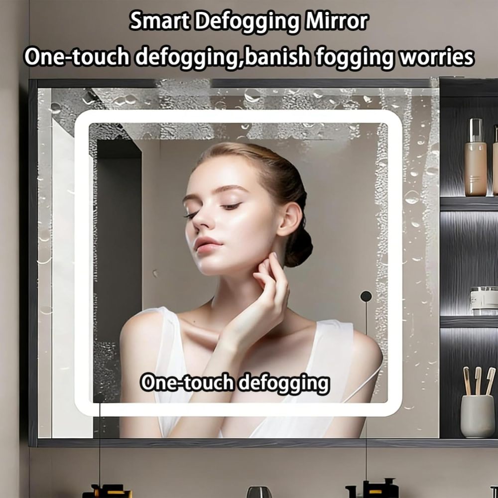 76IN Bathroom Vanity - Modern Bathroom Vanity with Anti-Fog Mirror Cabinet, One-Touch Defog & Lighting, Floating Sink Cabinet with Storage & Seamless Sink, No Assembly Required, Gray