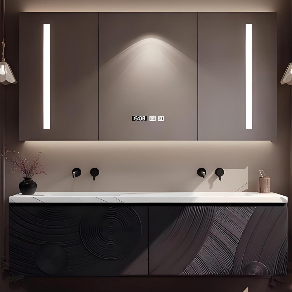 64IN Double Sink Bathroom Vanity - Luxury Bathroom Vanity with Smart Defog Mirror, One-Touch Defog & Lighting, Solid Wood Sink Cabinet with 2 Drawers, No Assembly Required, Mirror Cabinet