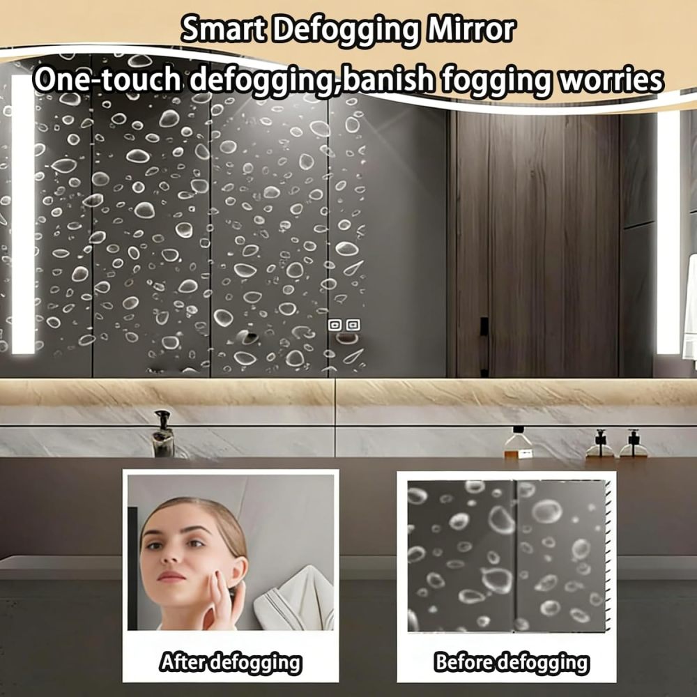 102IN Bathroom Vanity - Modern Bathroom Vanity with Anti-Fog Mirror Cabinet, One-Touch Defog & Lighting, Floating Sink Cabinet with Storage & Seamless Sink, No Assembly Required, Gary