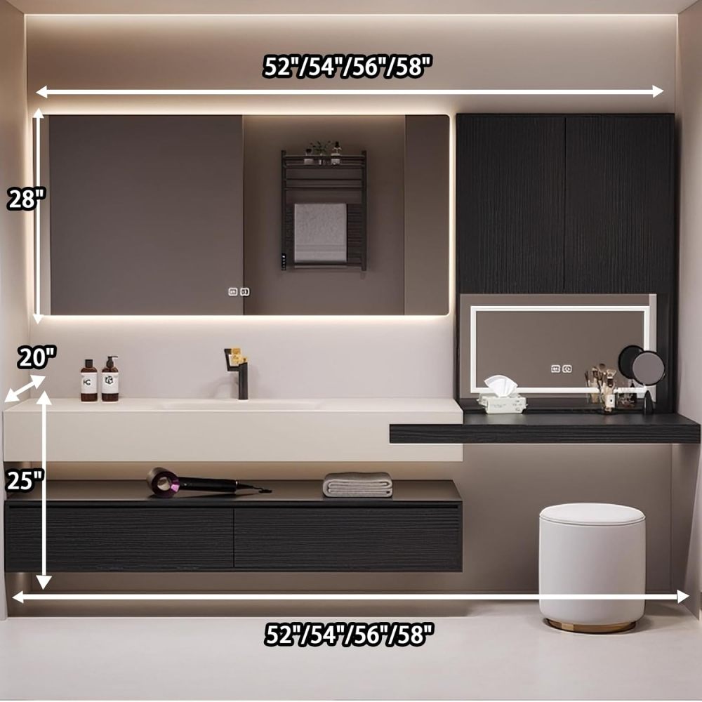 52IN Bathroom Vanity - Stylish Bathroom Vanity with Sink & Multiple Storage Area, Simple Sink Cabinet with Makeup Vanity & Smart Defog Mirror, Includes Makeup Stool, No Assembly Required,