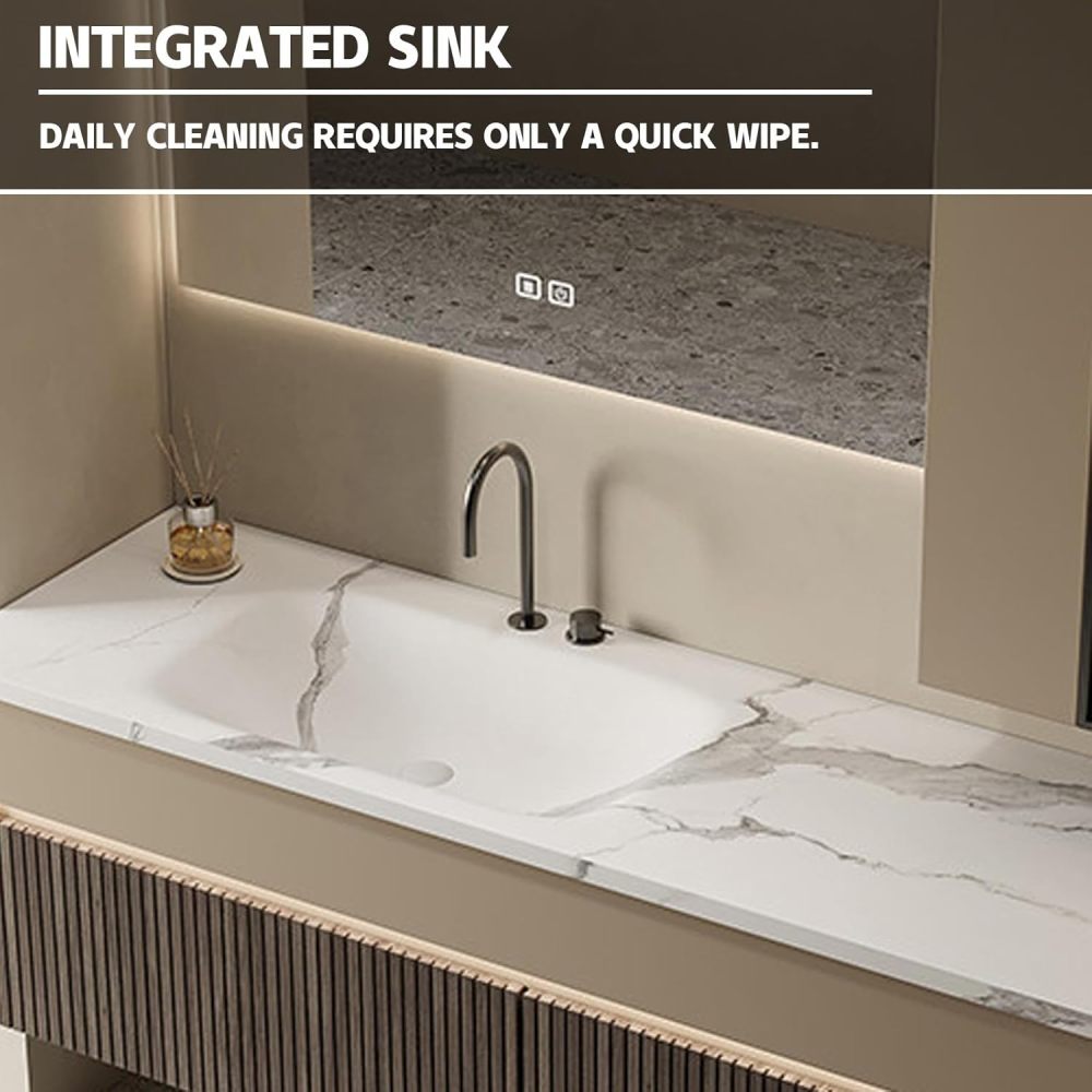 100IN Modern Solid Wood Bathroom Vanity with Sink - Bathroom Vanity Cabinet with Smart Anti-Fog Mirror, Integrated Stone Sink, Silent Drawers - Customizable Size, Brown