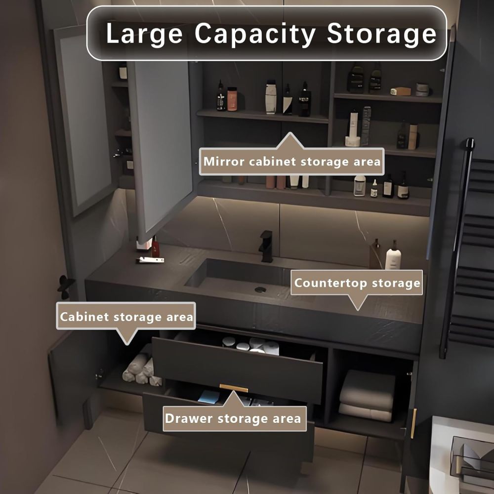 56IN Bathroom Vanity - Luxury Bathroom Vanity with Smart Defog Mirror, Floating Sink Cabinet with Drawers & Door, Complete Accessories, No Assembly Required, Gray