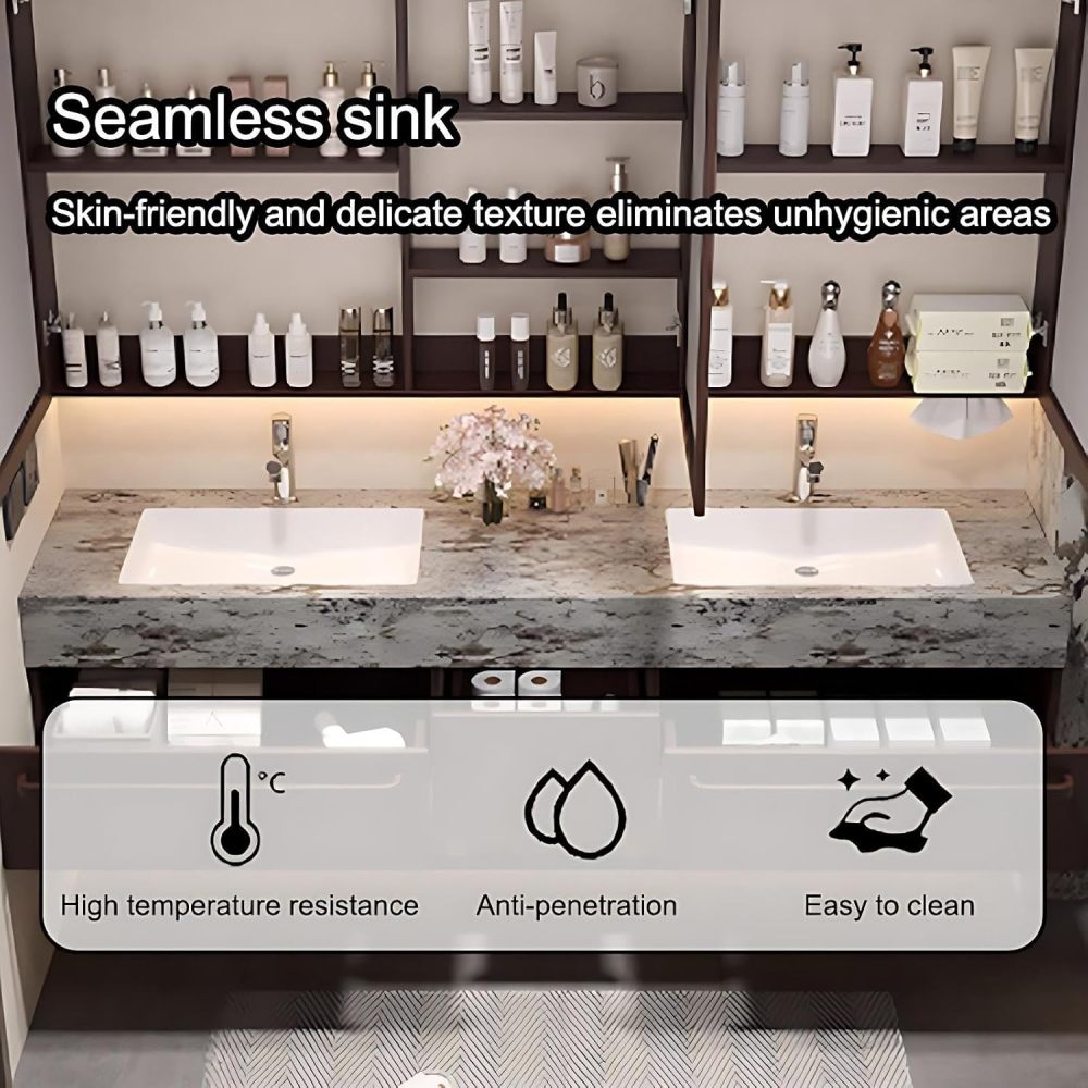 92IN Double Sink Bathroom Vanity - Floating Bathroom Vanity with 3 Large Capacity Drawers, Includes Smart Defog Mirror, One-Touch Defog & Lighting, No Assembly Required, Brown