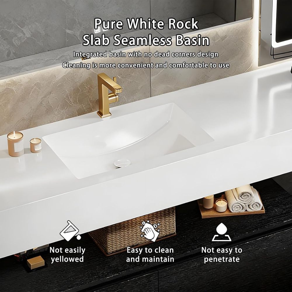 86IN Bathroom Vanity with Sink - Floating Bathroom Vanity with Smart Defog Mirror & Makeup Vanity, Modern Sink Cabinet with Storage, Includes Makeup Stool, No Assembly Required, Black