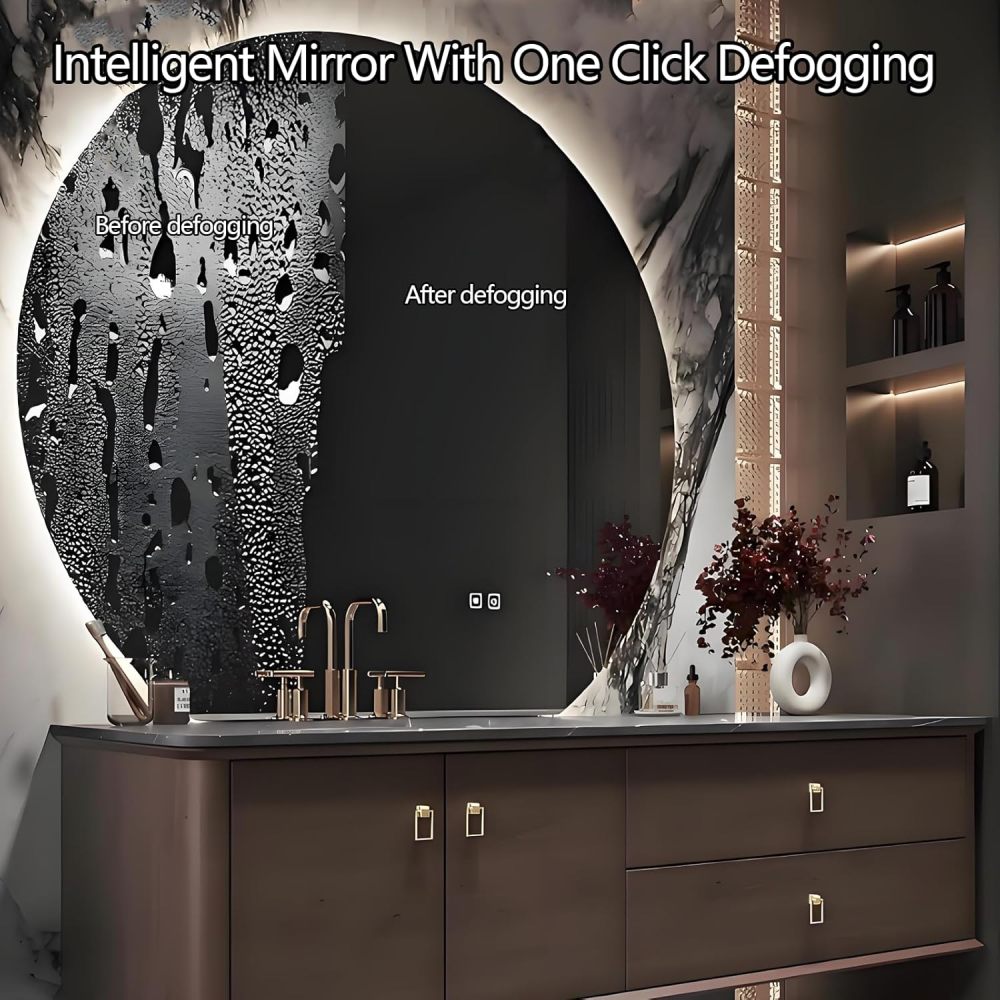 90IN Bathroom Vanity with Sink - Stylish Bathroom Vanity Cabinet with Smart Anti-Fog Round Mirror, Single Floating Sink Design, Waterproof Storage & Multi Layer Solid Wood, Style A
