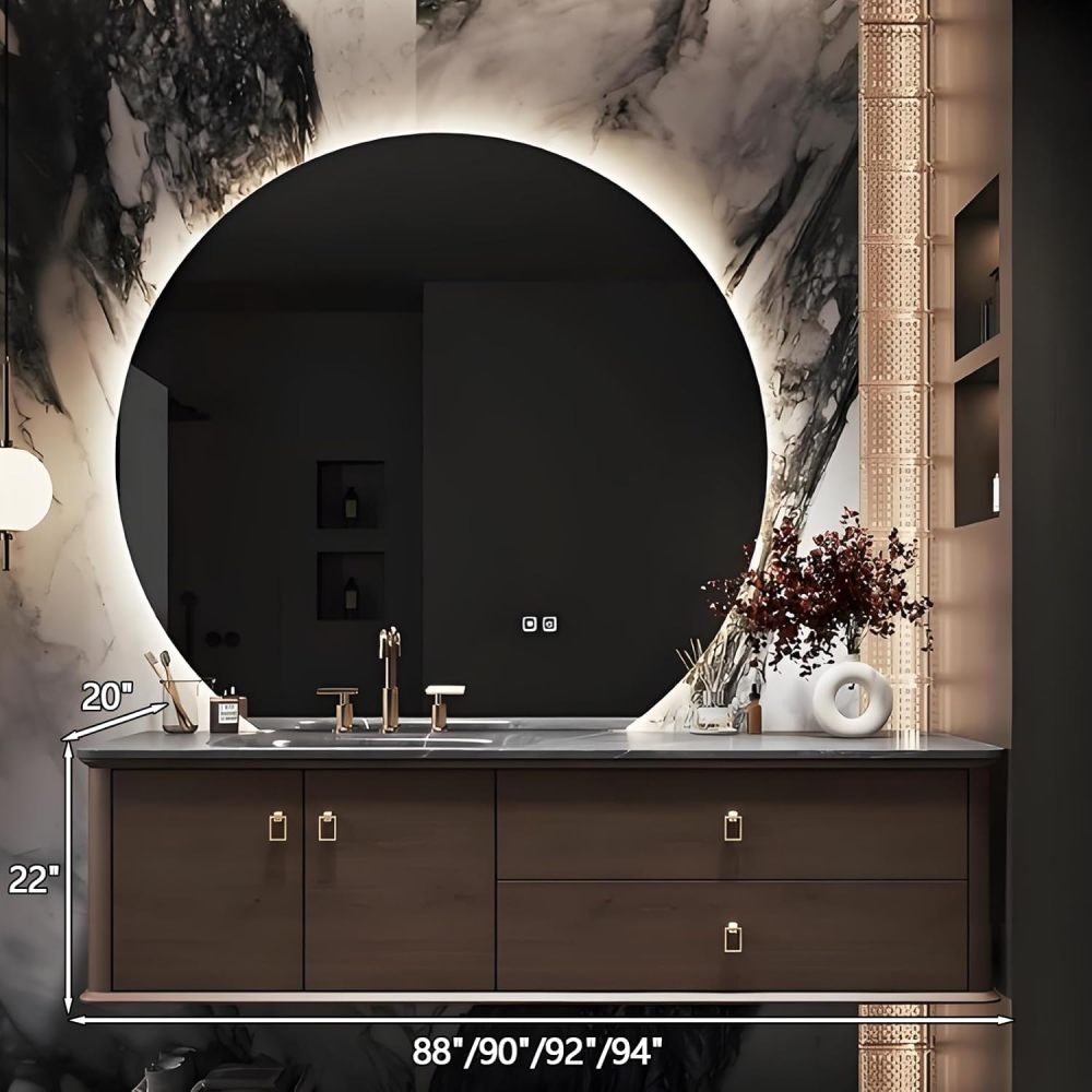 90IN Bathroom Vanity with Sink - Stylish Bathroom Vanity Cabinet with Smart Anti-Fog Round Mirror, Single Floating Sink Design, Waterproof Storage & Multi Layer Solid Wood, Style A