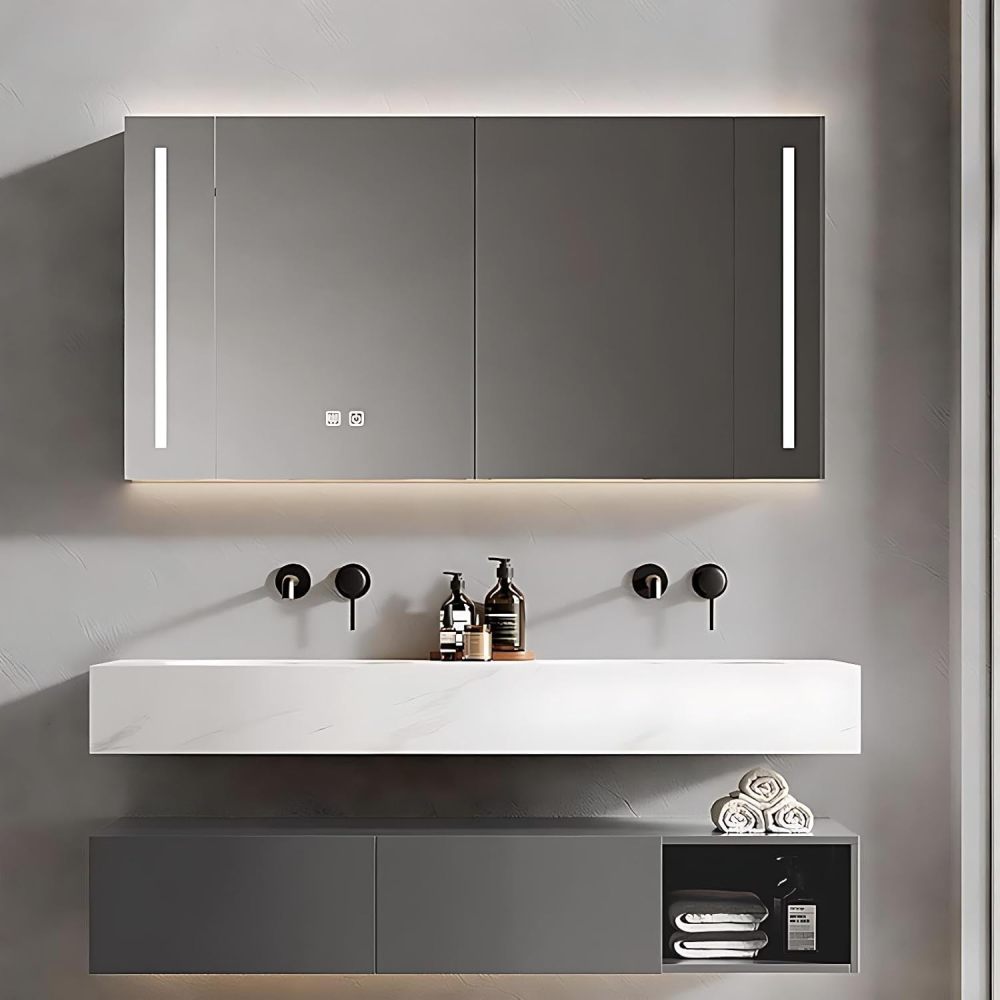 64IN Double Sink Bathroom Vanity - Simple Bathroom Vanity with Smart Defog Mirror, Solid Wood Sink Cabinet with Multiple Storage Areas, No Assembly Required, Gray