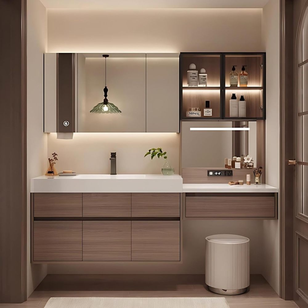 68 inch Bathroom Vanity with Sink – Wall Mounted Bathroom Cabinet with Seamless Basin, Anti-Fog Mirror, Includes Makeup Stool, Fully Assembled