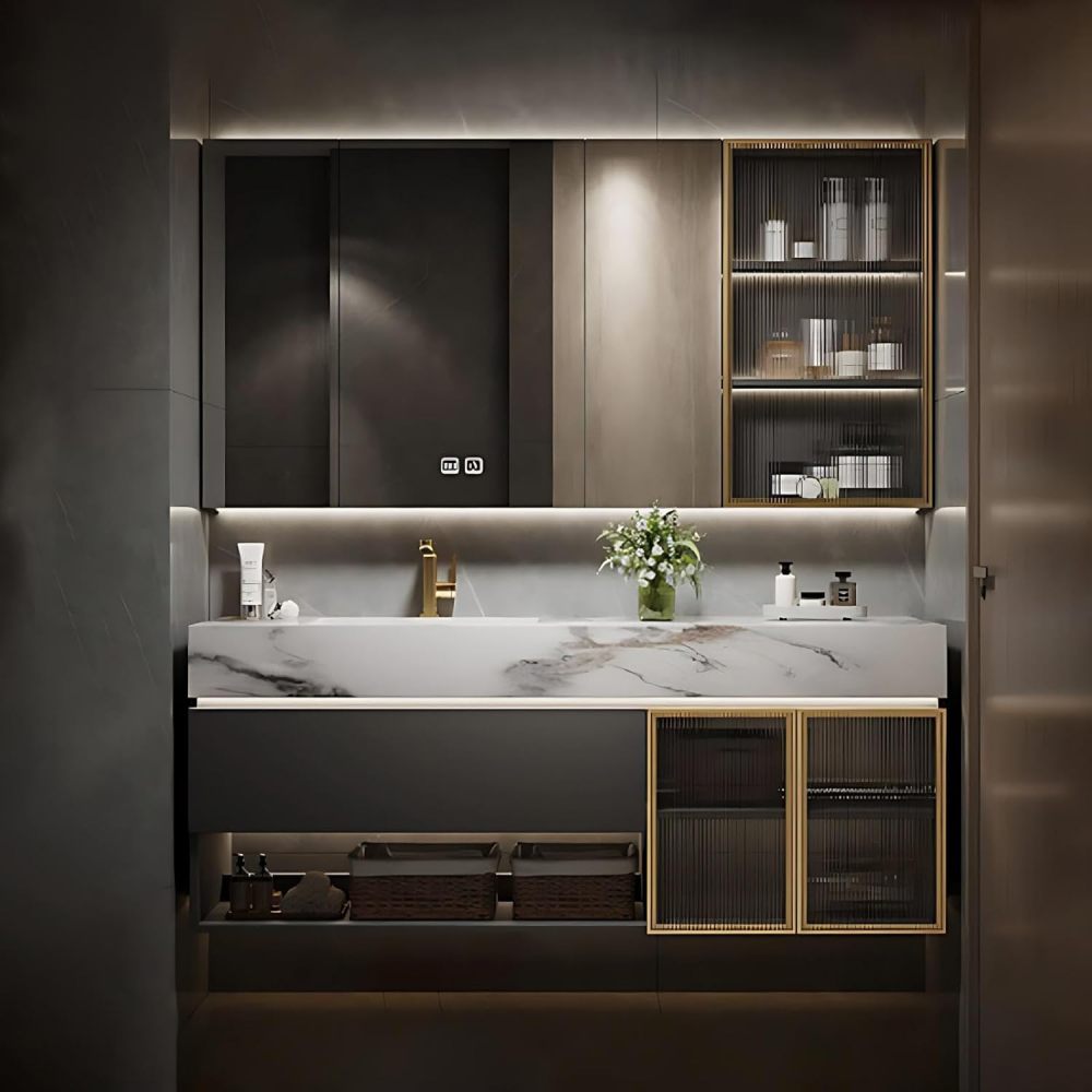 84IN Bathroom Vanity - Floating Bathroom Vanity with Smart Defog Mirror, One-Touch Defog & Lighting, Modern Sink Cabinet with Drawer & Doors, No Assembly Required, Grey