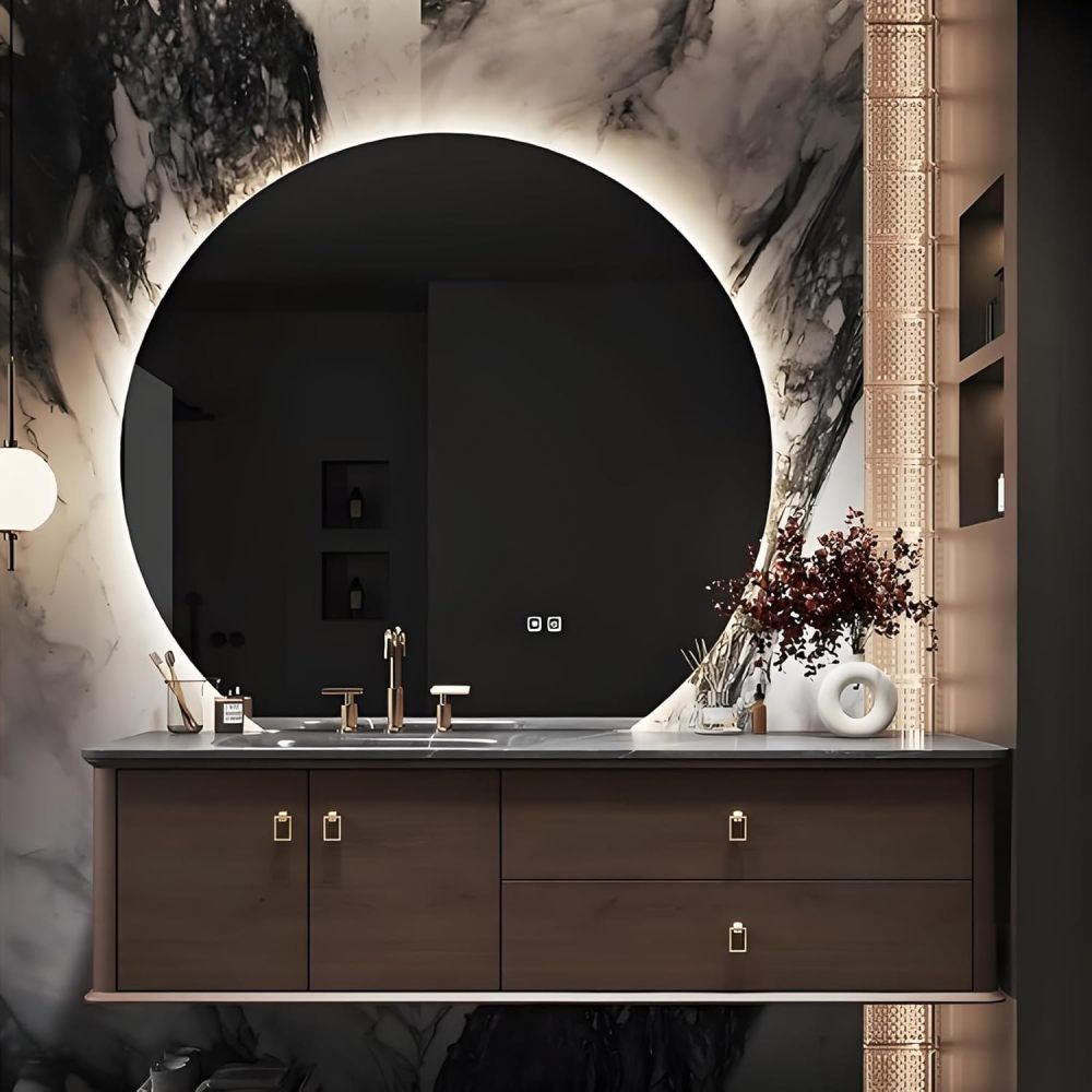 90IN Bathroom Vanity with Sink - Stylish Bathroom Vanity Cabinet with Smart Anti-Fog Round Mirror, Single Floating Sink Design, Waterproof Storage & Multi Layer Solid Wood, Style A
