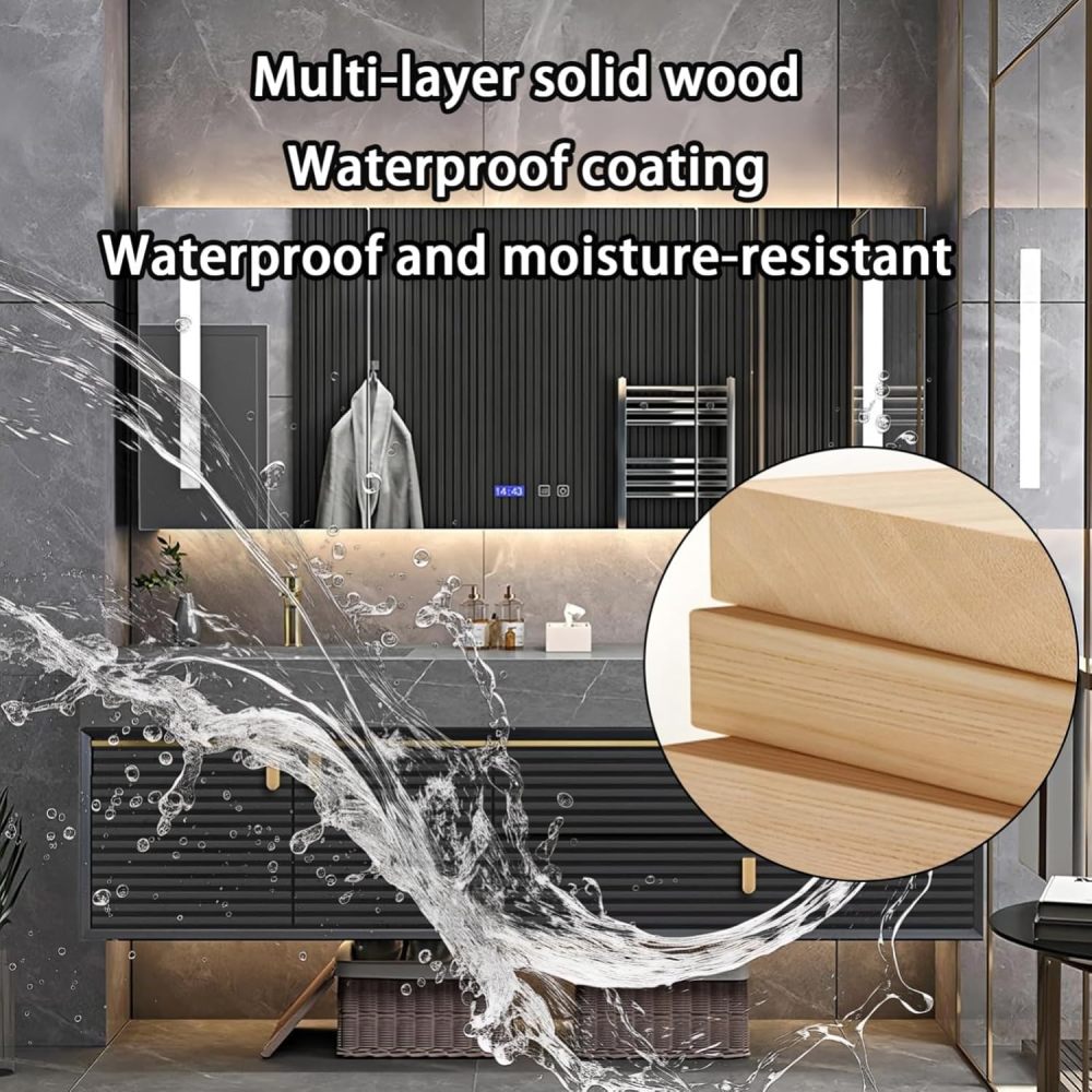 66IN Bathroom Vanity - Solid Wood Bathroom Vanity with Anti-Fog Mirror Cabinet, One-Touch Defog & Lighting, Floating Sink Cabinet with Drawers & Door, No Assembly Required, Grey